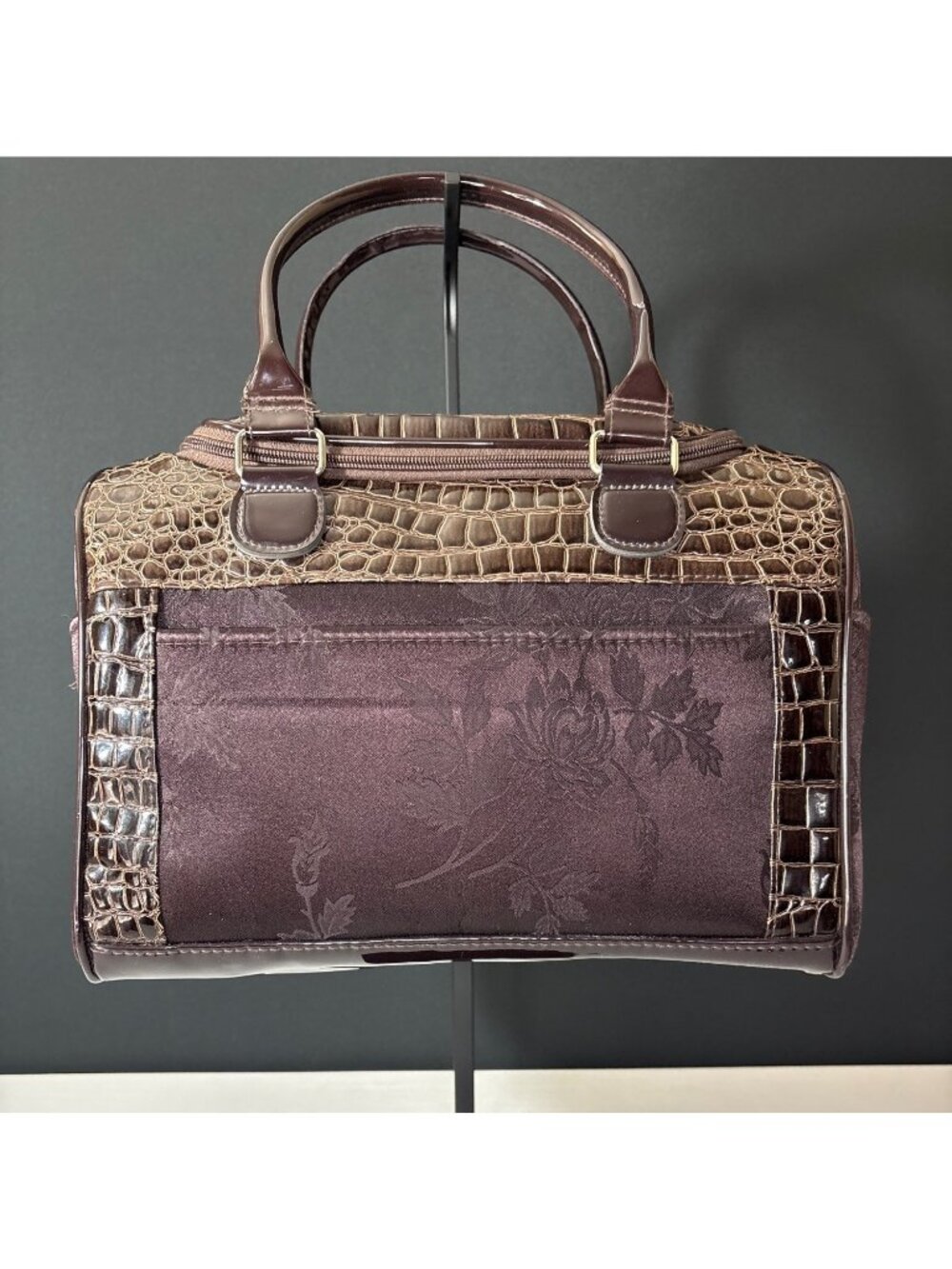 Faux Crocodile Satchel Travel Bag Duffel Dual Handbag Cosmetic Case Brown Floral